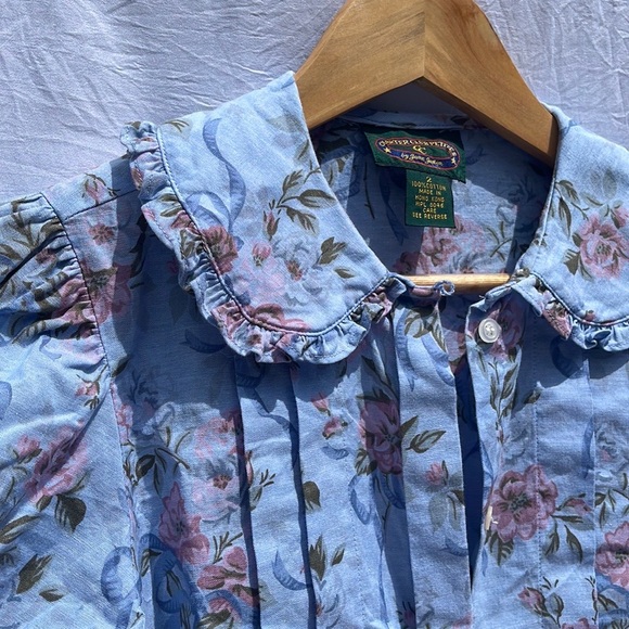 PETER Pan Collar Floral Short Sleeve Buttondown Blouse 100% Cotton Size 2 - Picture 3 of 14